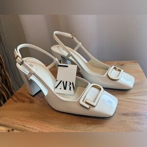 ZARA Off-White Patent Square-Toe Slingback Block Heels
